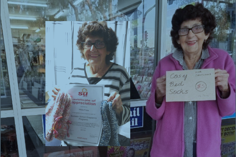 Mrs Hilda Frew with her table of bed socks in front of the Home Hill Newsagency, where they sold like hot cakes after being promoted on Facebook and (inset) Hilda proudly shows off the Certificate presented to her by the Scripture Union Queens- land in recognition of her ongoing support for the Burdekin Chaplains.