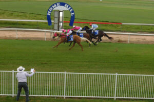 Milky Rocket (6) wins the first race ahead of Collombatti (1) at Home Hill