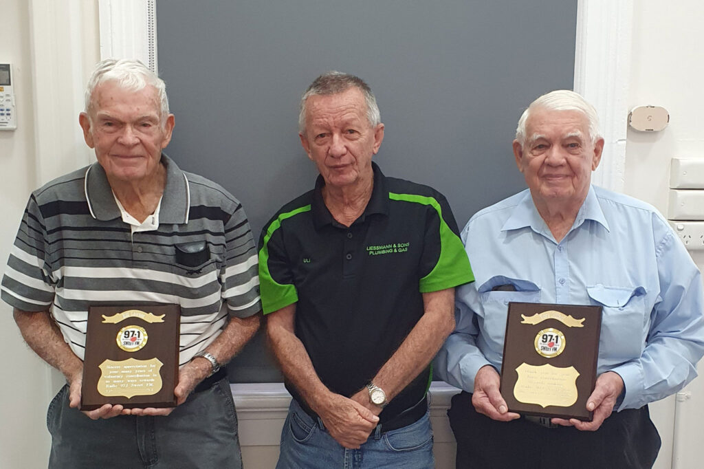 Sweet FM Chairman, Uli Liessmann (pictured centre) took the opportunity recently to present plaques to Dave Giffard (right), who worked in production and Bill Lawson (left), who was a presenter